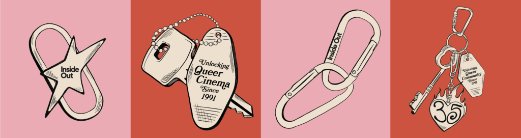 Four illustrated panels each feature a keychain: a star-shaped keyring labeled "Inside Out," keys with tags reading "Unlocking Queer Cinema Since 1991," a carabiner marked "Three Out," and keys with a "35" tag.