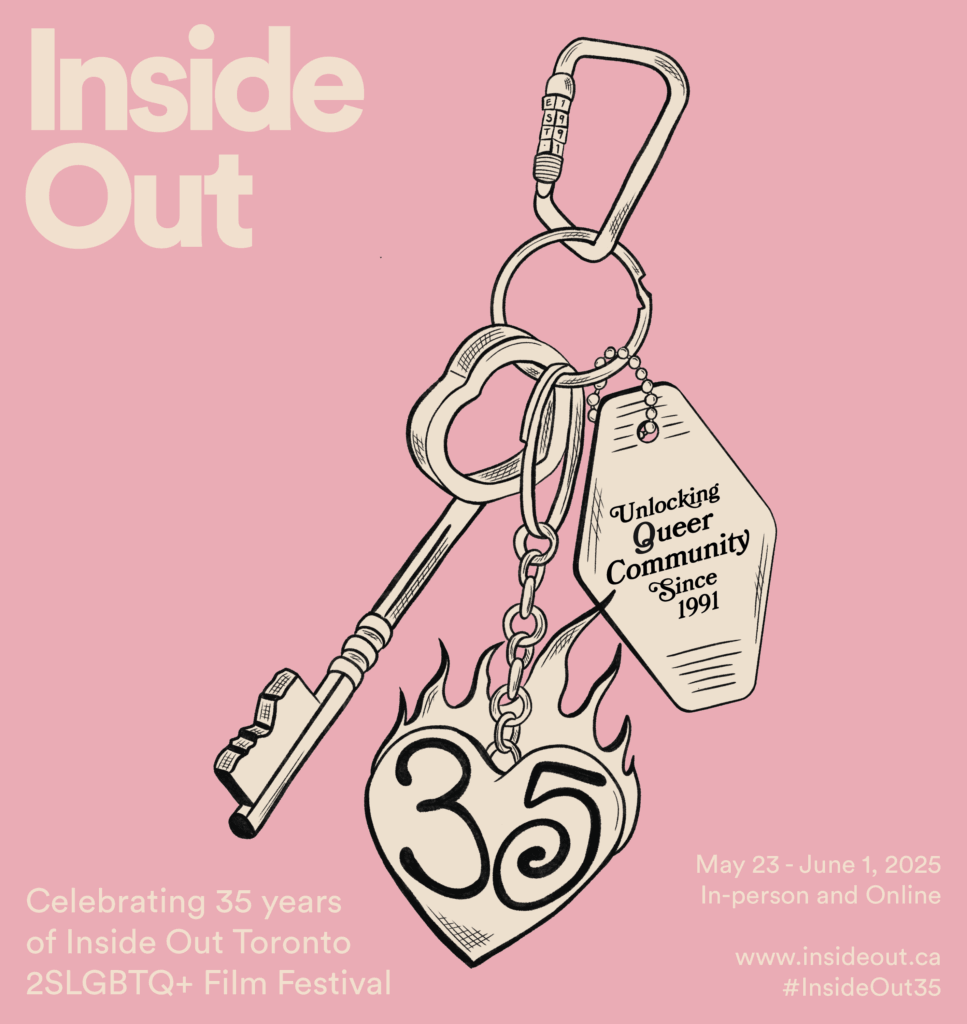An illustrated keychain with a hotel tag reading "Unlocking Queer Community Since 1991," a vintage key, and a flaming heart-shaped charm marked "35." Text promotes Inside Out Toronto 2SLGBTQ+ Film Festival's 35th anniversary.