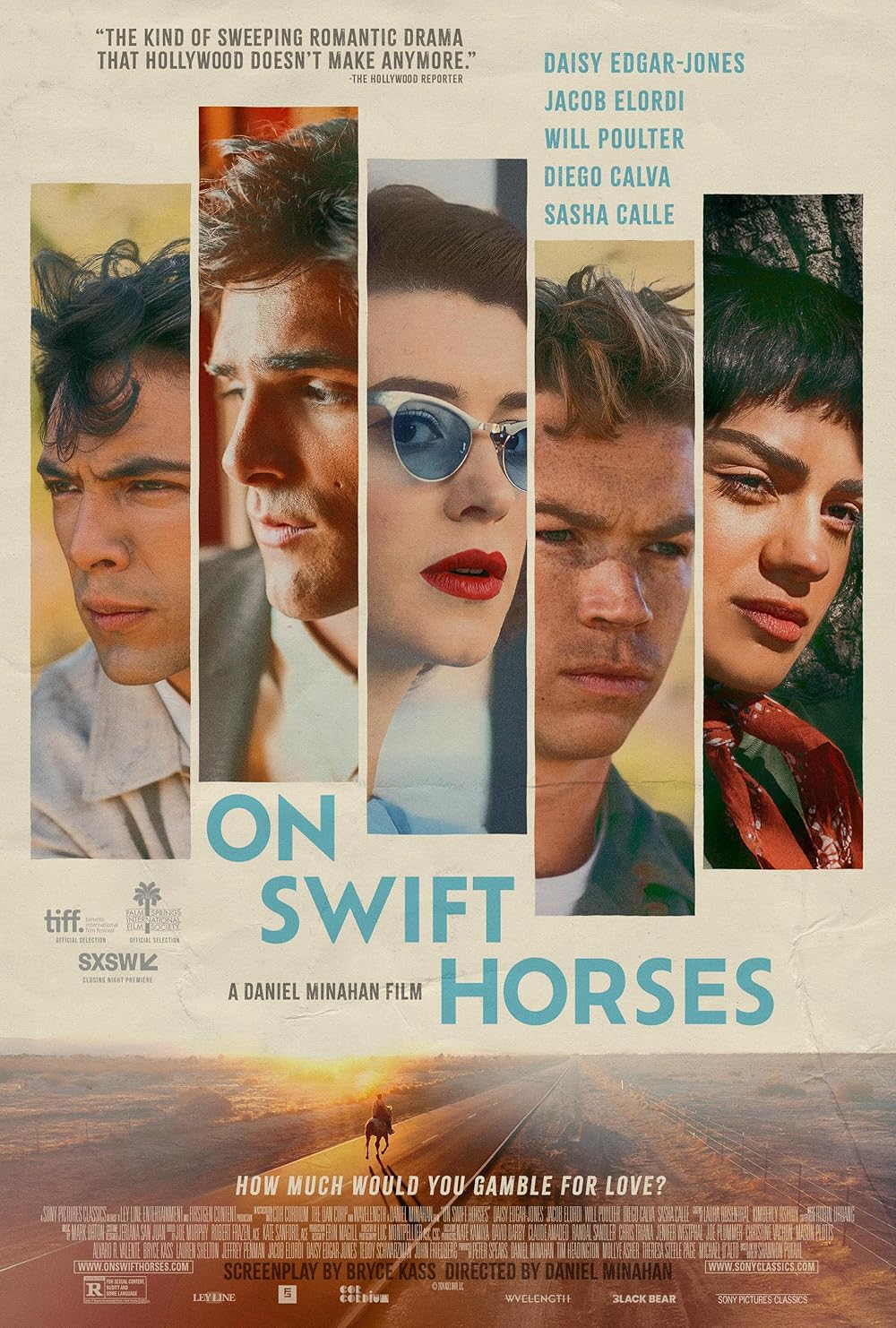 Poster for the film "On Swift Horses" featuring close-up portraits of five main characters against a desert background. The title and actors' names are prominently displayed, with a small figure on horseback below.