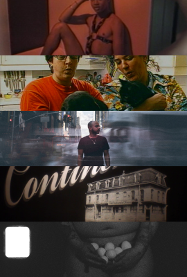 A vertical collage of six different cinematic scenes: a person in a harness, two people in a kitchen with a cat, a person on a city street, a neon "Continental" sign, a large house, and hands holding eggs.