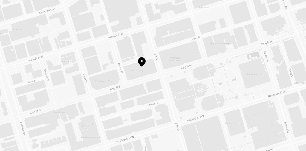 Black-and-white map with a location pin marker on King St W, surrounded by labeled streets including Adelaide St W, Wellington St W, and Pearl St. Buildings and blocks are visible in grayscale.