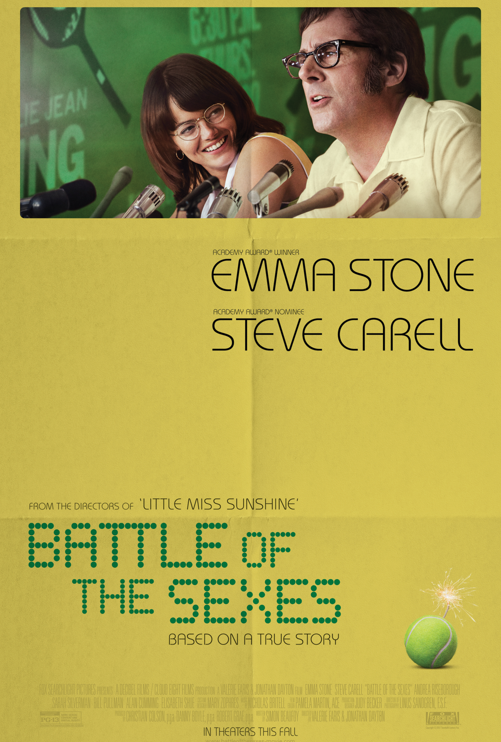 Poster of Battle of the Sexes featuring Emma Stone playing Billie Jean King looking at Steve Carell, playing Bobby Riggs.