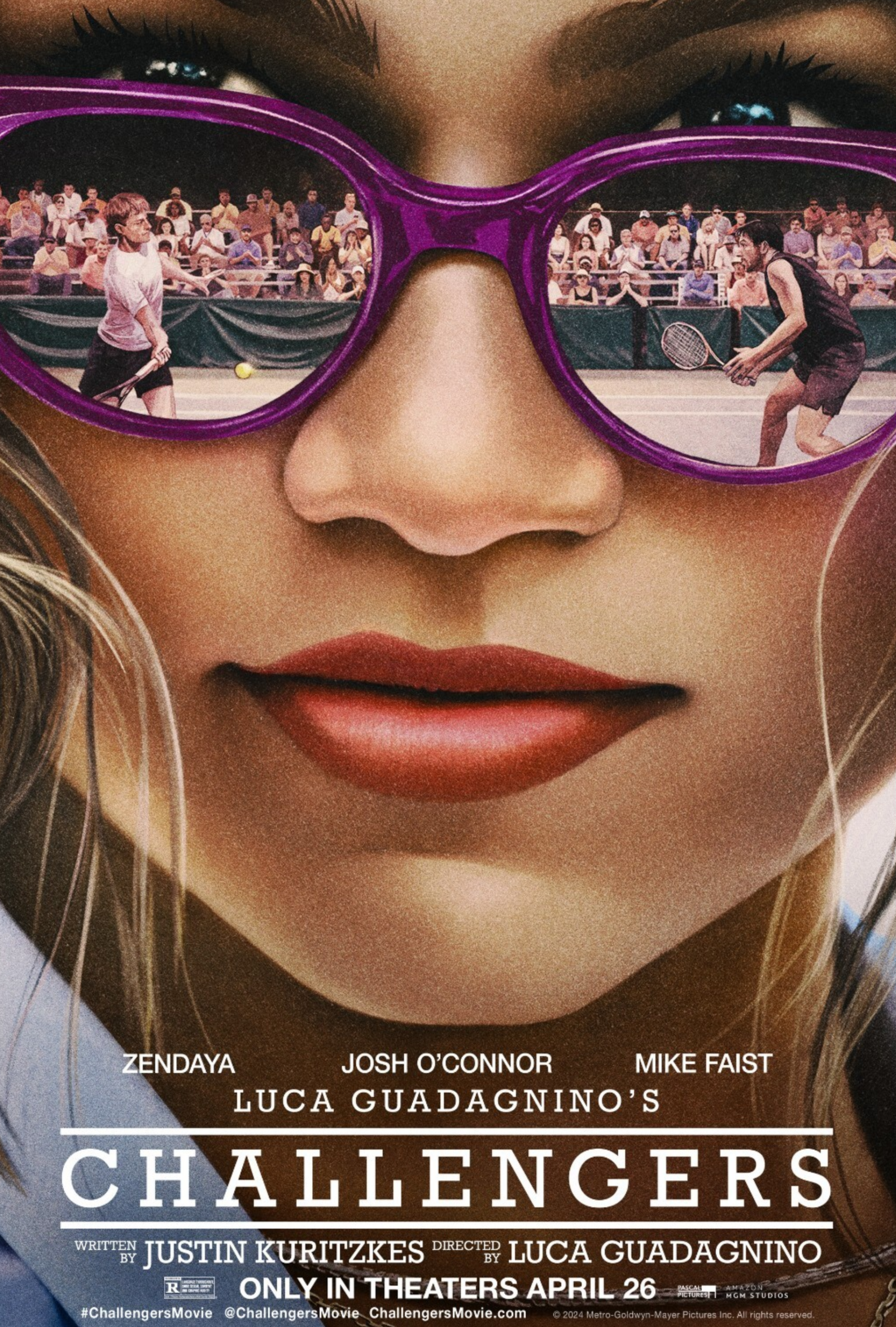 Film poster of Challengers with a woman's face wearing sunglasses. In the reflection of the glasses, two tennis players are on court.